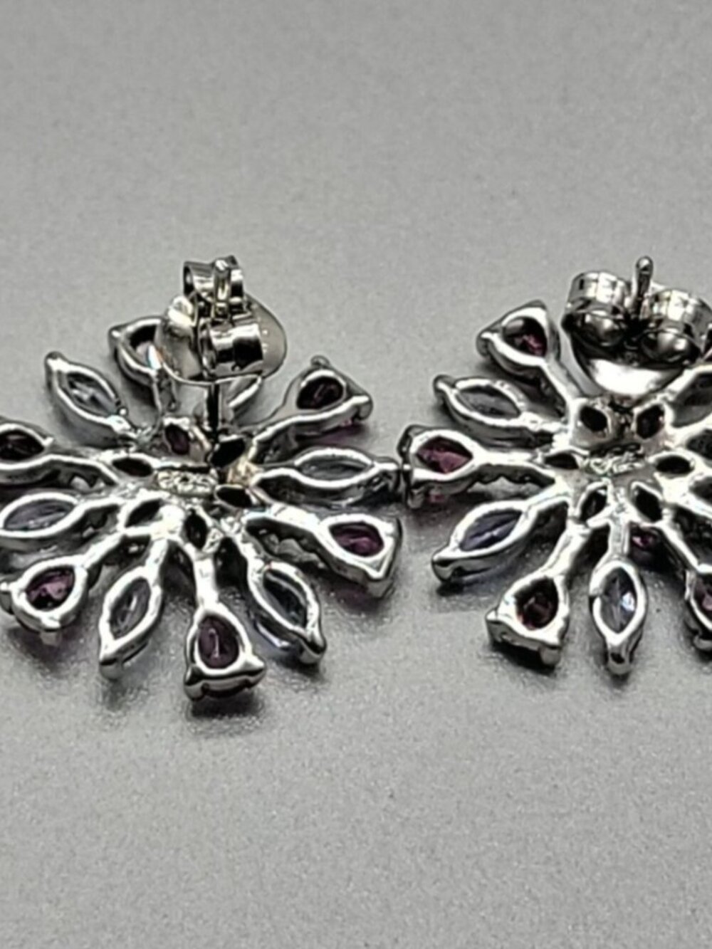 Sterling Silver Tanzanite Rhodolite Garnet Snowflake Starburst Cluster Earrings - Picture 10 of 10